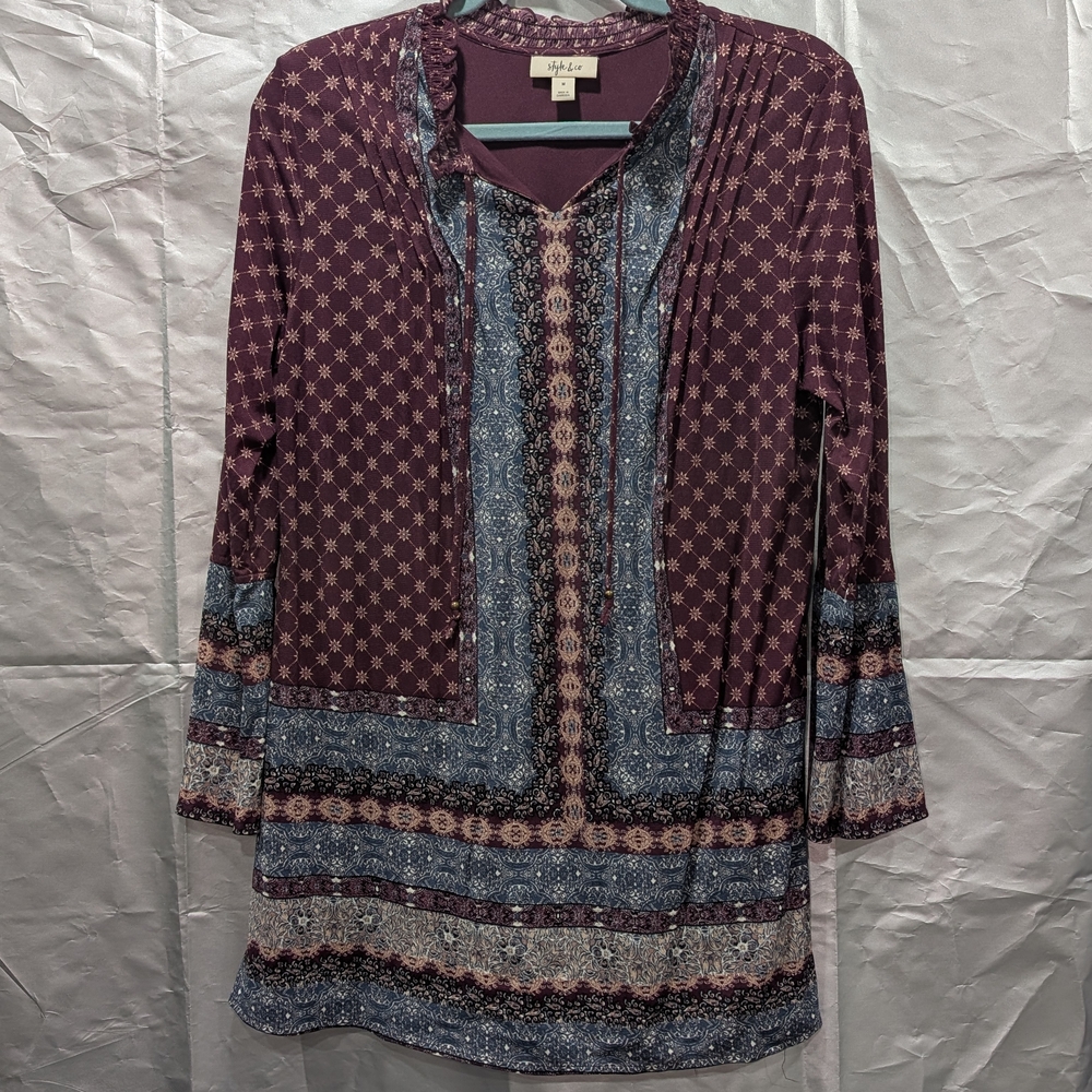 Style & Co. Burgundy and Blue Geometric Tunic